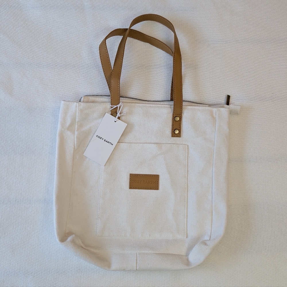 Cozy Earth Canvas & Vegan Leather Zippered Tote Bag NWT